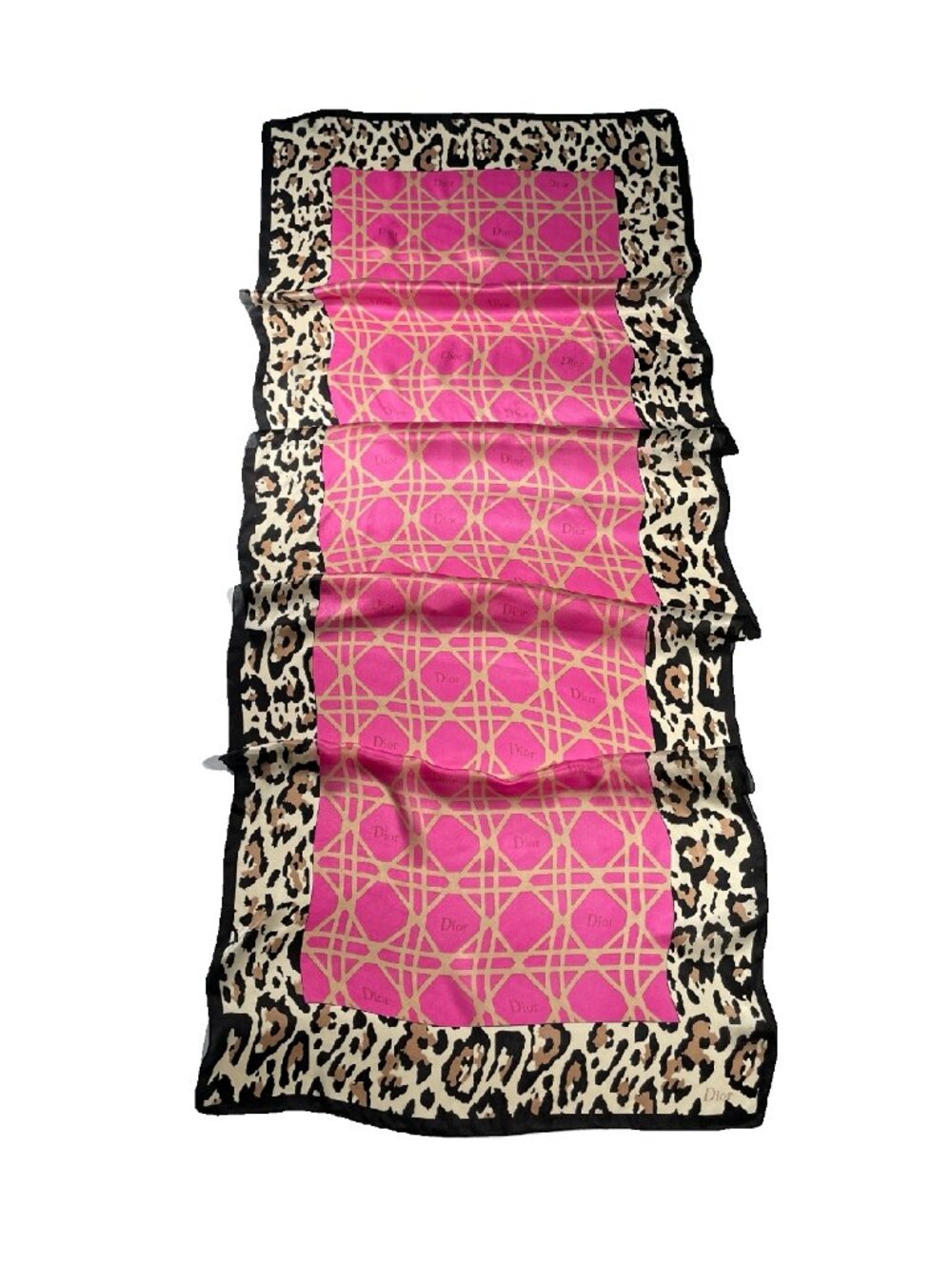 Vintage Christian Dior Silk Chiffon Scarf Leopard Pink Logo 66" x 24"